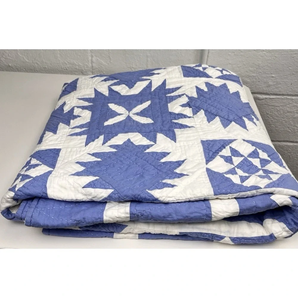 Vintage Cornflower Blue & White Handmade Quilt Sampler Geometric Zig Zag 85x90